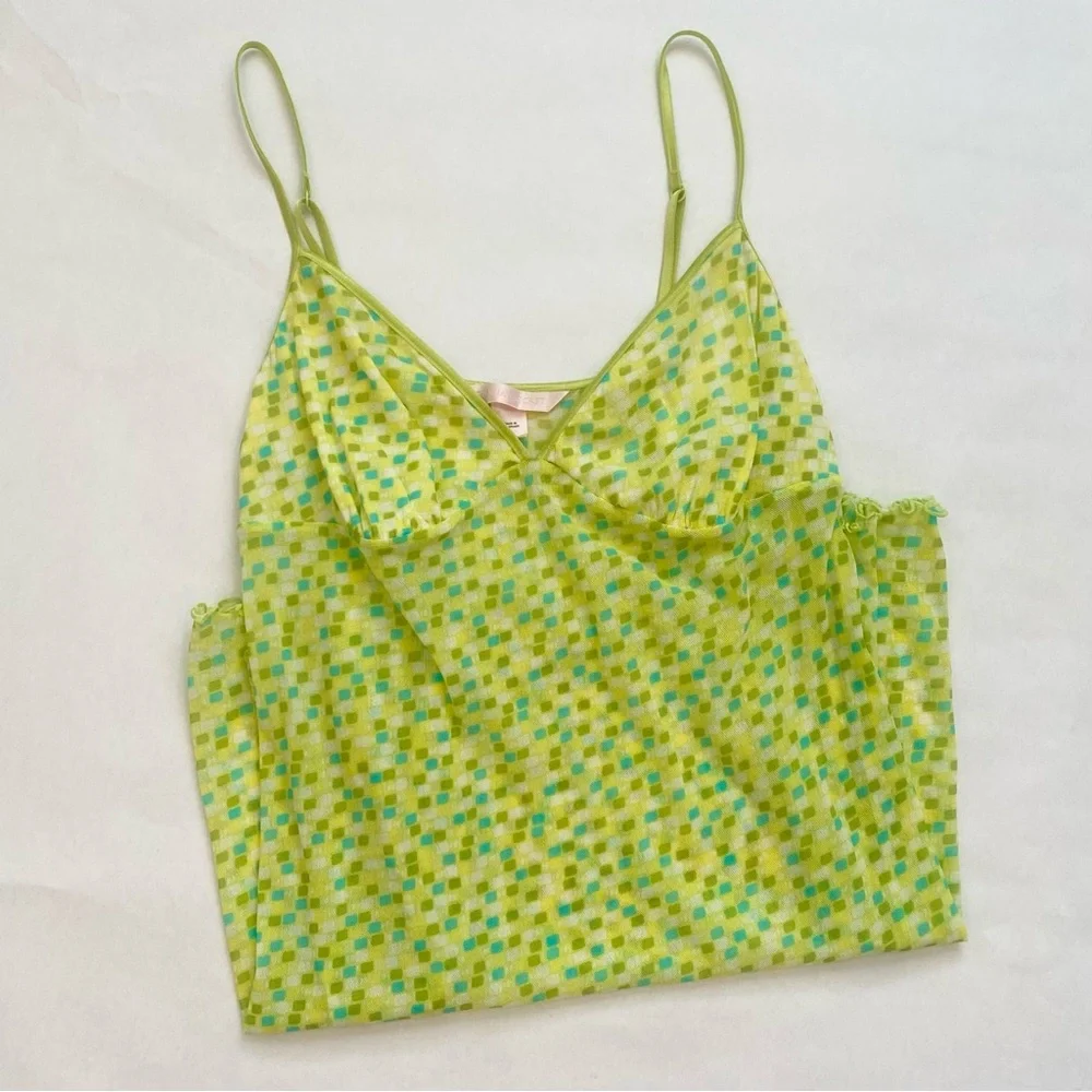 Y2K Victoria’s Secret Micro Mesh Lemon Lime Yellow Print Babydoll Slip Dress L - Picture 6 of 8